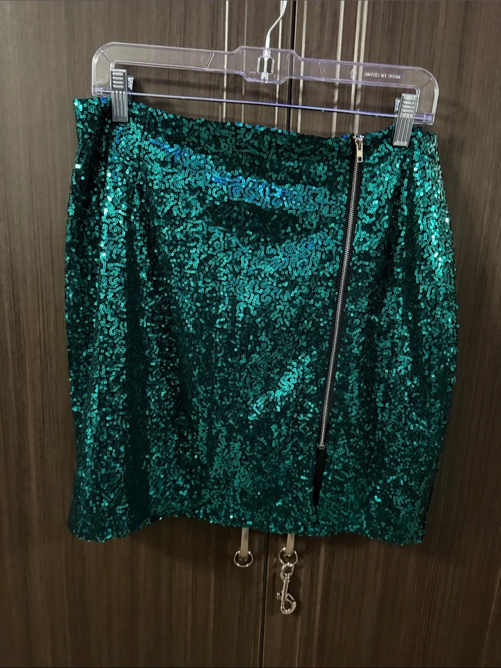 Green Sequin Mini Skirt with Front Exposed Zip